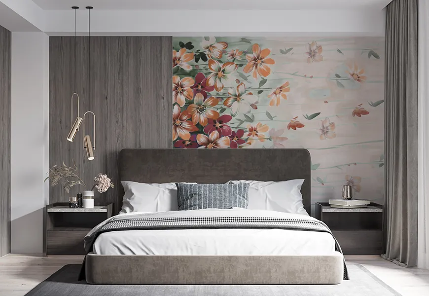 پوستر دیواری سه بعدی اتاق خواب عروس و داماد طرح گل در باد